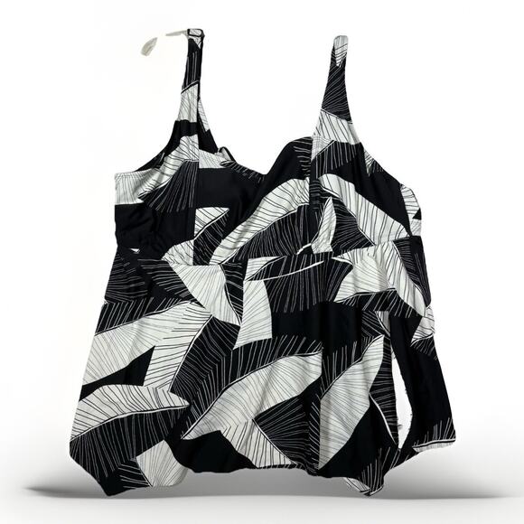 Kona Sol Tankini Top Women's Plus Size 24W Black White Tropical Swim Vacation - Picture 1 of 6